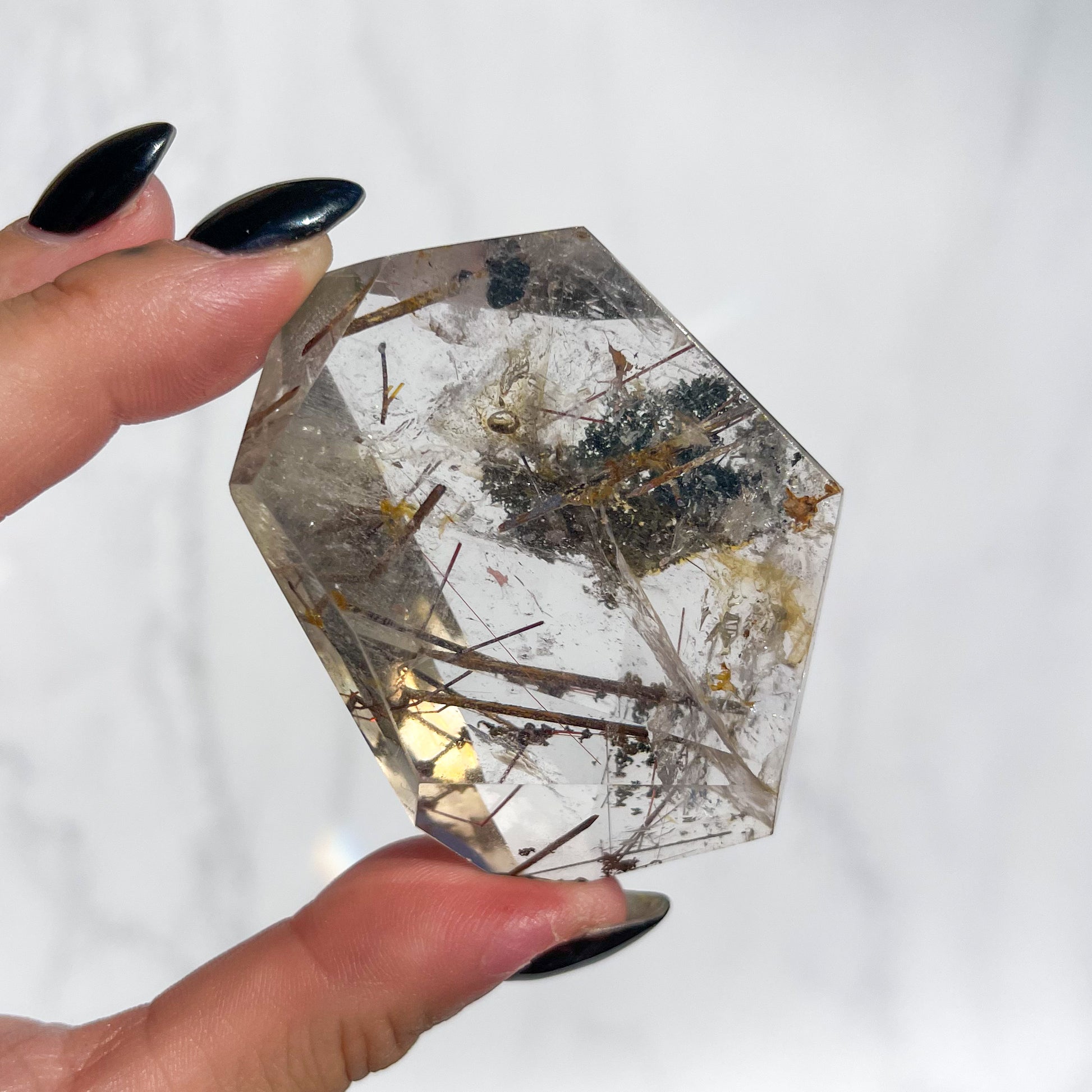 High quality Quartz crystal with plant like inclusions and golden rutiles held by a hand against a white background