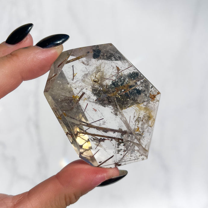 High quality Quartz crystal with plant like inclusions and golden rutiles held by a hand against a white background